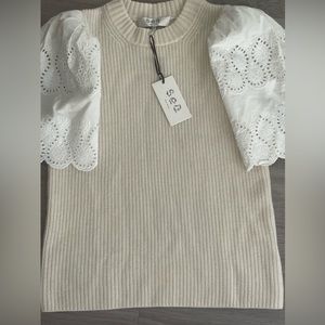 Sea New York Nadene Eyelet Cream Wool Knit Sweater White Eyelet Short Sleeve S